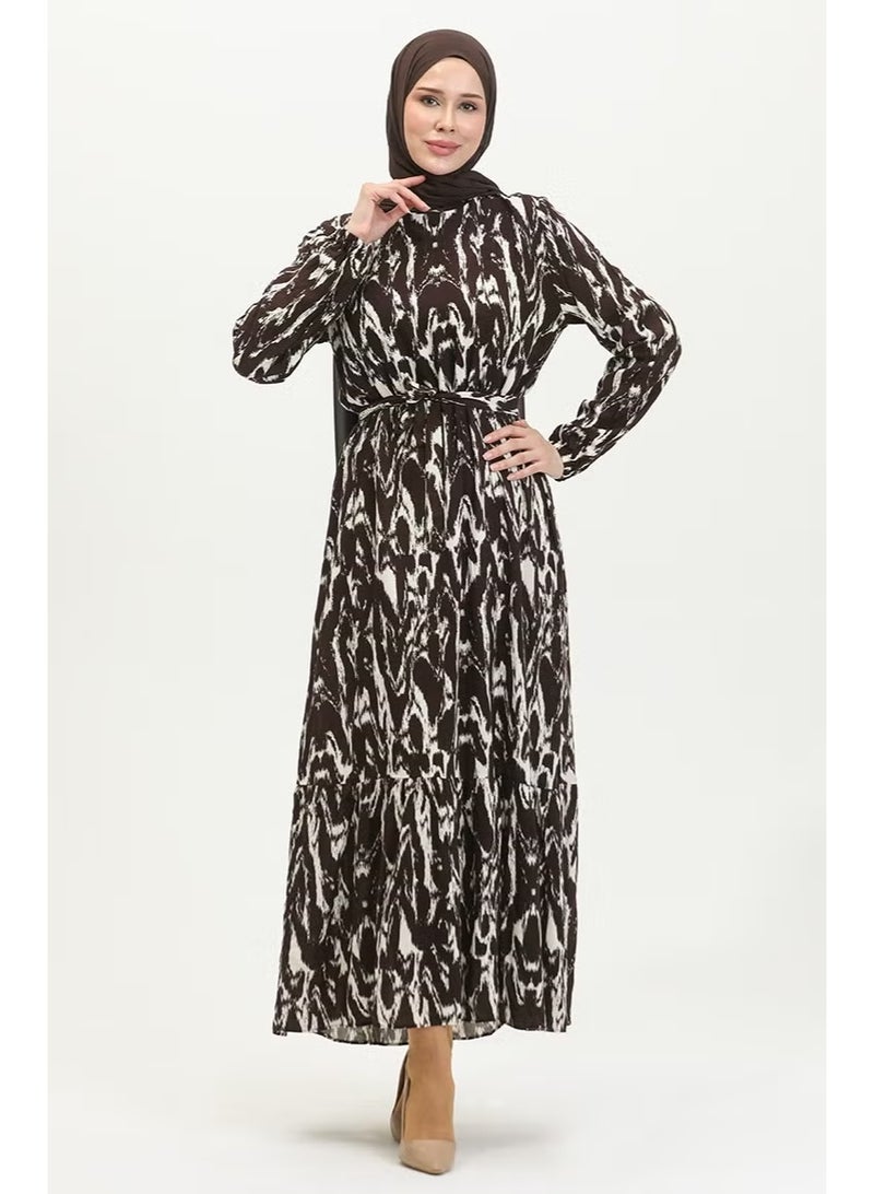 Sefa Merve Women's Viscose Patterned Belted Dress - Brown - Image 2